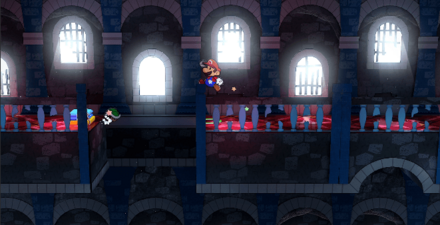 青いスイッチを押すマリオ