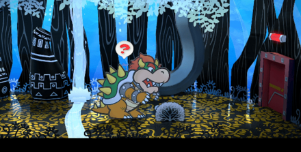 右奥の草むらを調べるクッパ