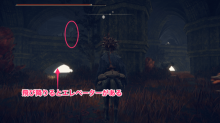 ラウフの古遺跡、西から遺跡を通って北に進み、赤い腐敗したエリアの右側の階段を直進した場所のエレベーターに乗って高い地点にいる壺を持った敵を倒す