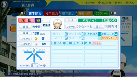 米田哲也のステータス