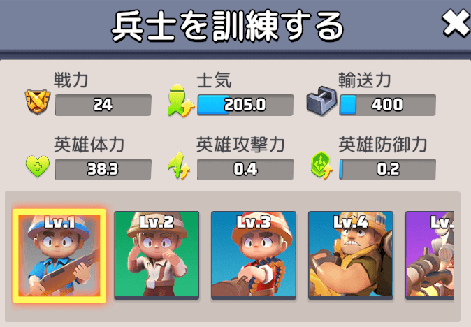 Lv.○兵士を1人訓練する