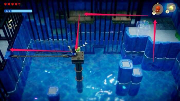 ロープを渡って先に進む