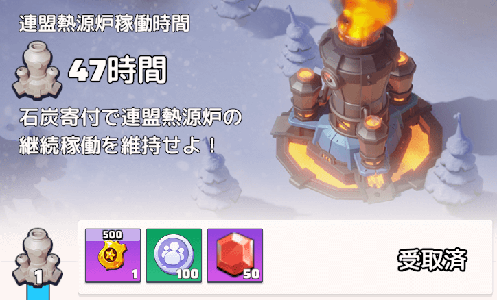 連盟実績は連盟熱源炉の稼働時間に応じて進行