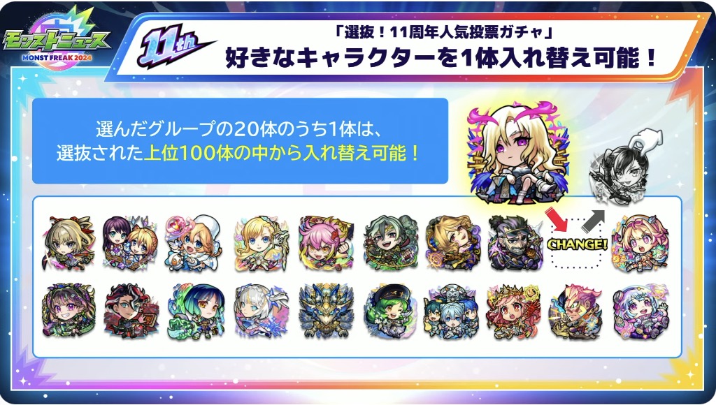 好きなキャラを1体入れ替え可能に