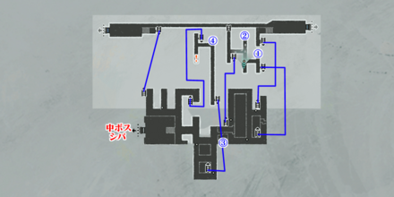 右部屋の2体目の中ボス「シバ」までの宝箱マップ