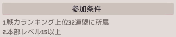 参加条件は戦力ランキング上位32連盟かつ本部レベル15以上