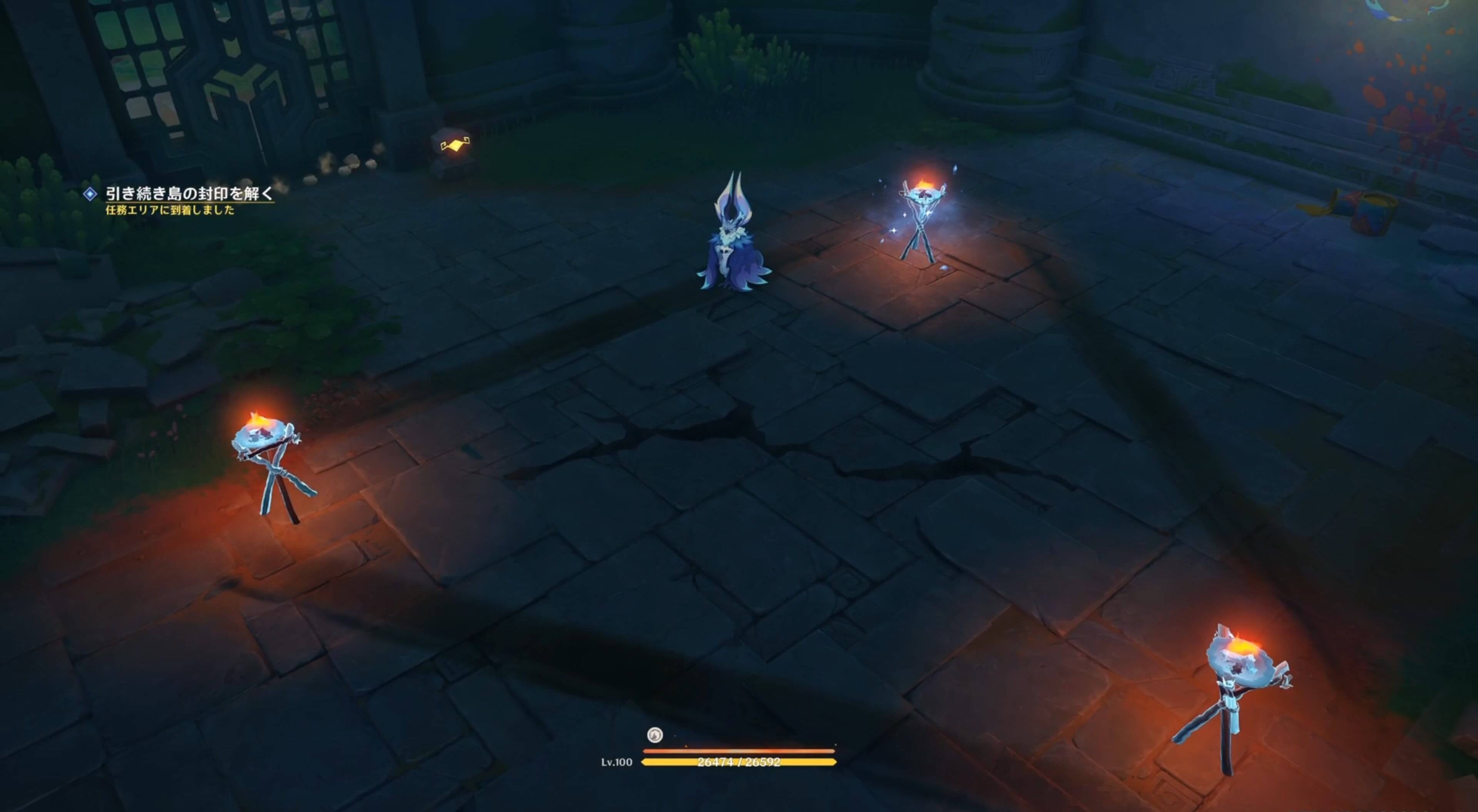 壁から2つの松明を取り出し、残り2つの青いマークにそれぞれ置く