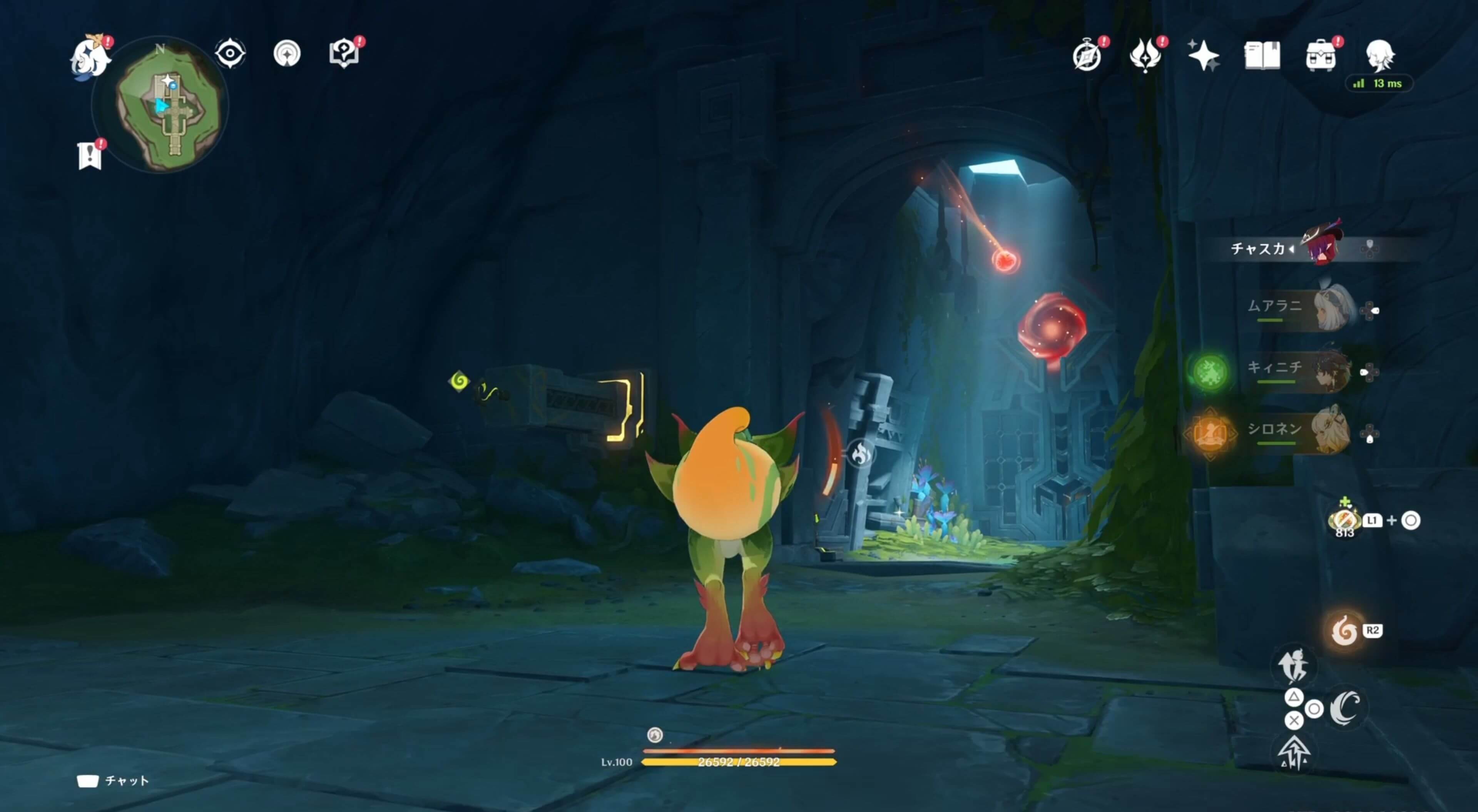 引っ張りギミックをタイミングよく起動し球を赤い装置に与える