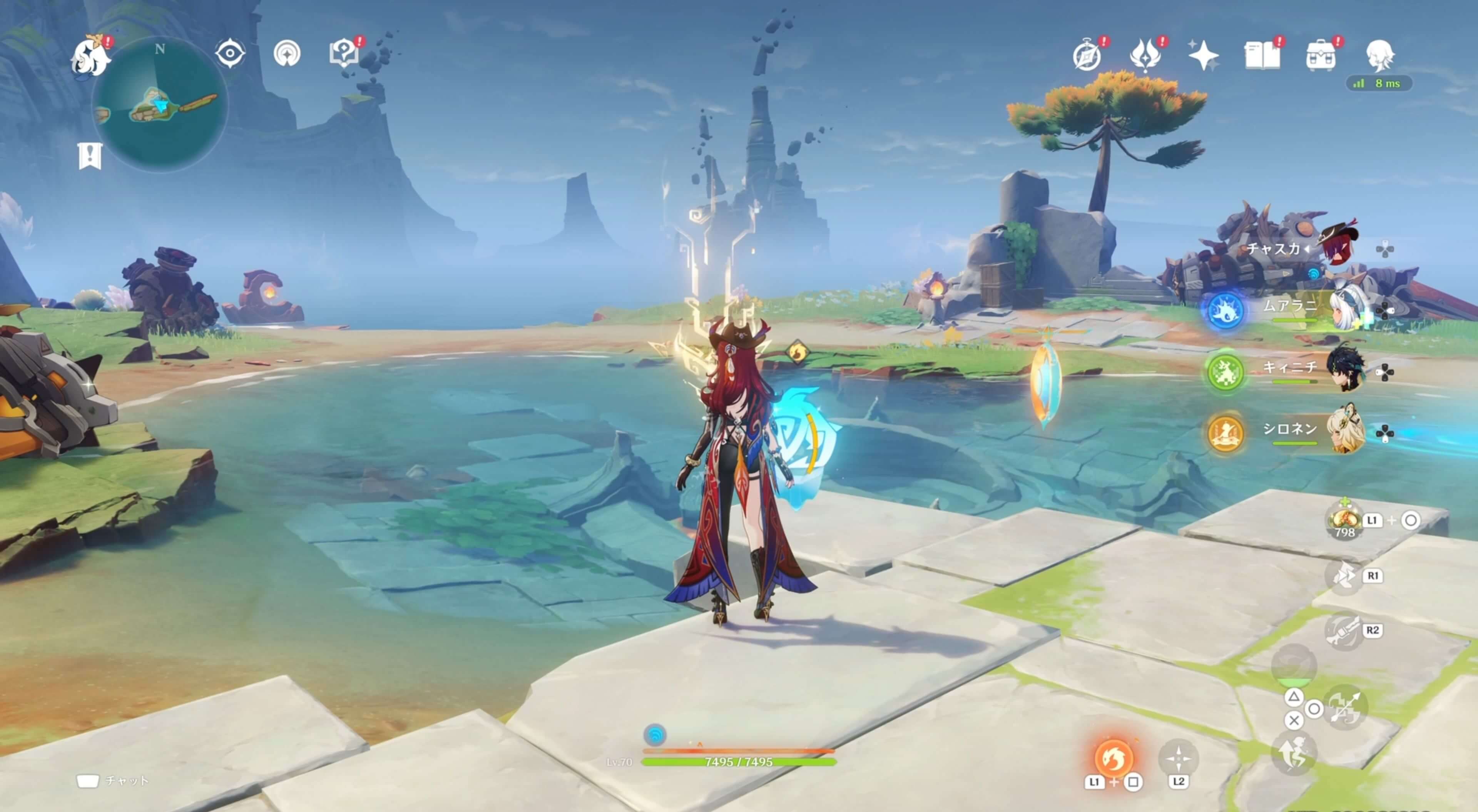 池の上に浮かぶ丸い装置を壊す