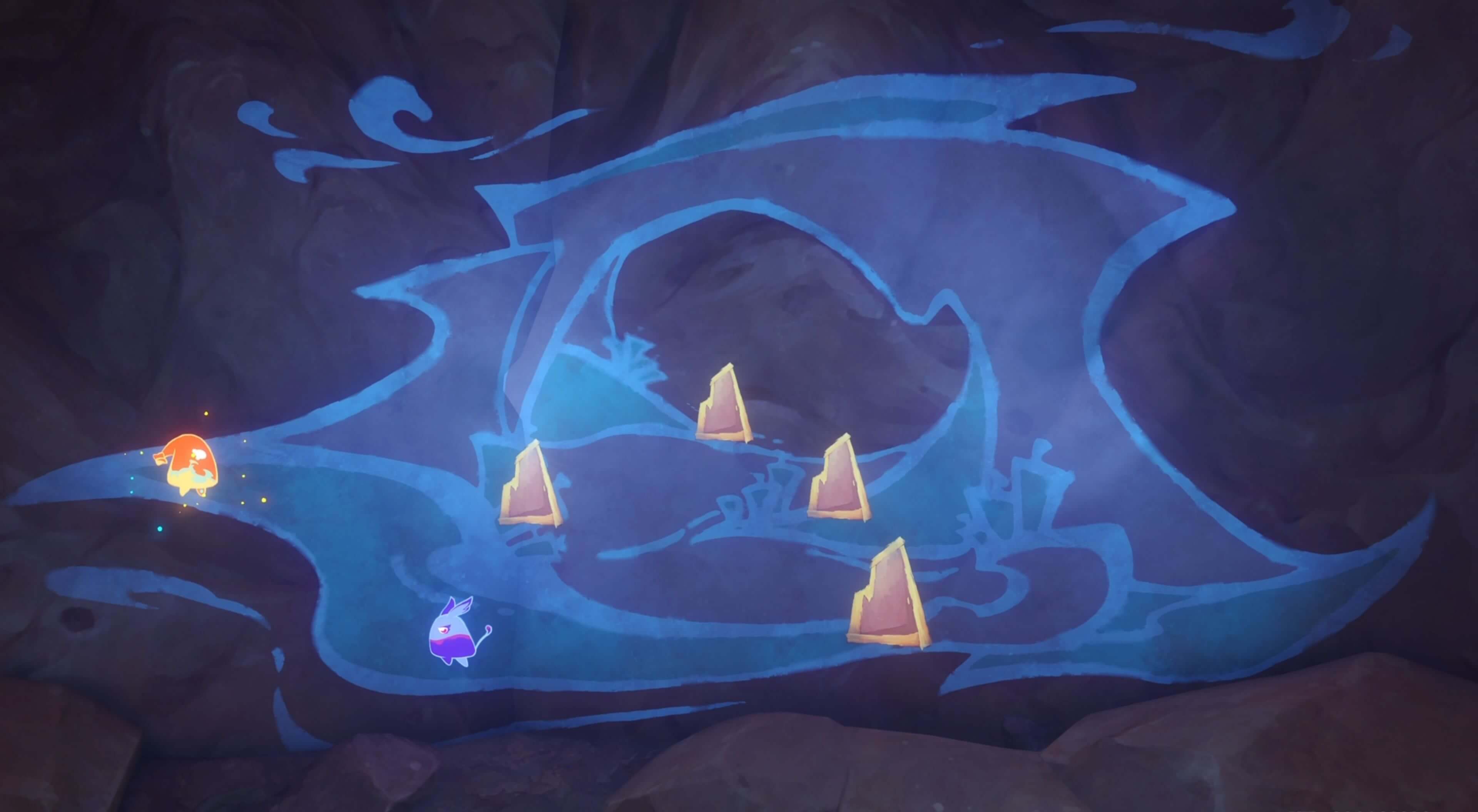 壁に4つの岩が描かれた空間に出る