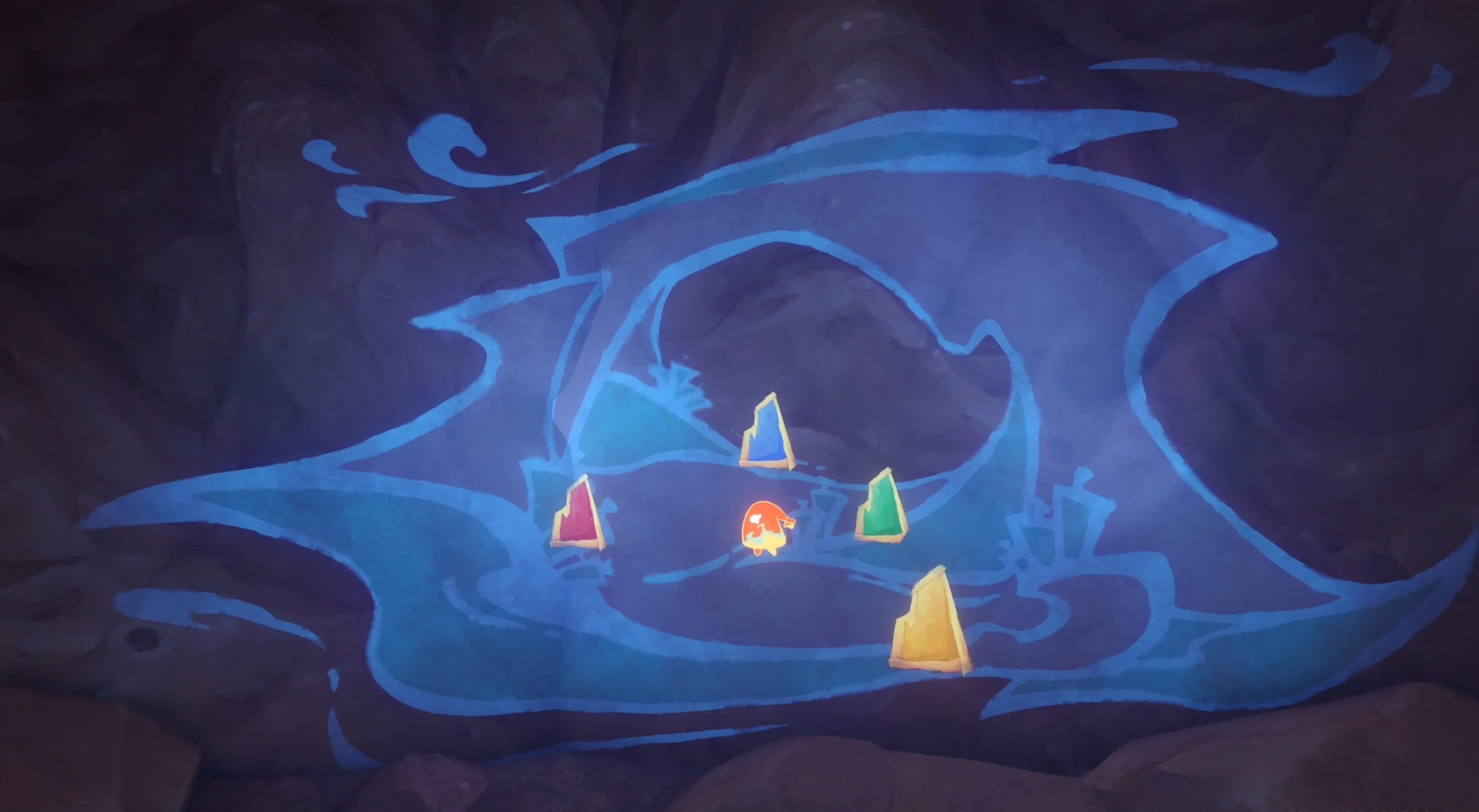 壁画の岩に赤、青、緑、黄がそれぞれ付く