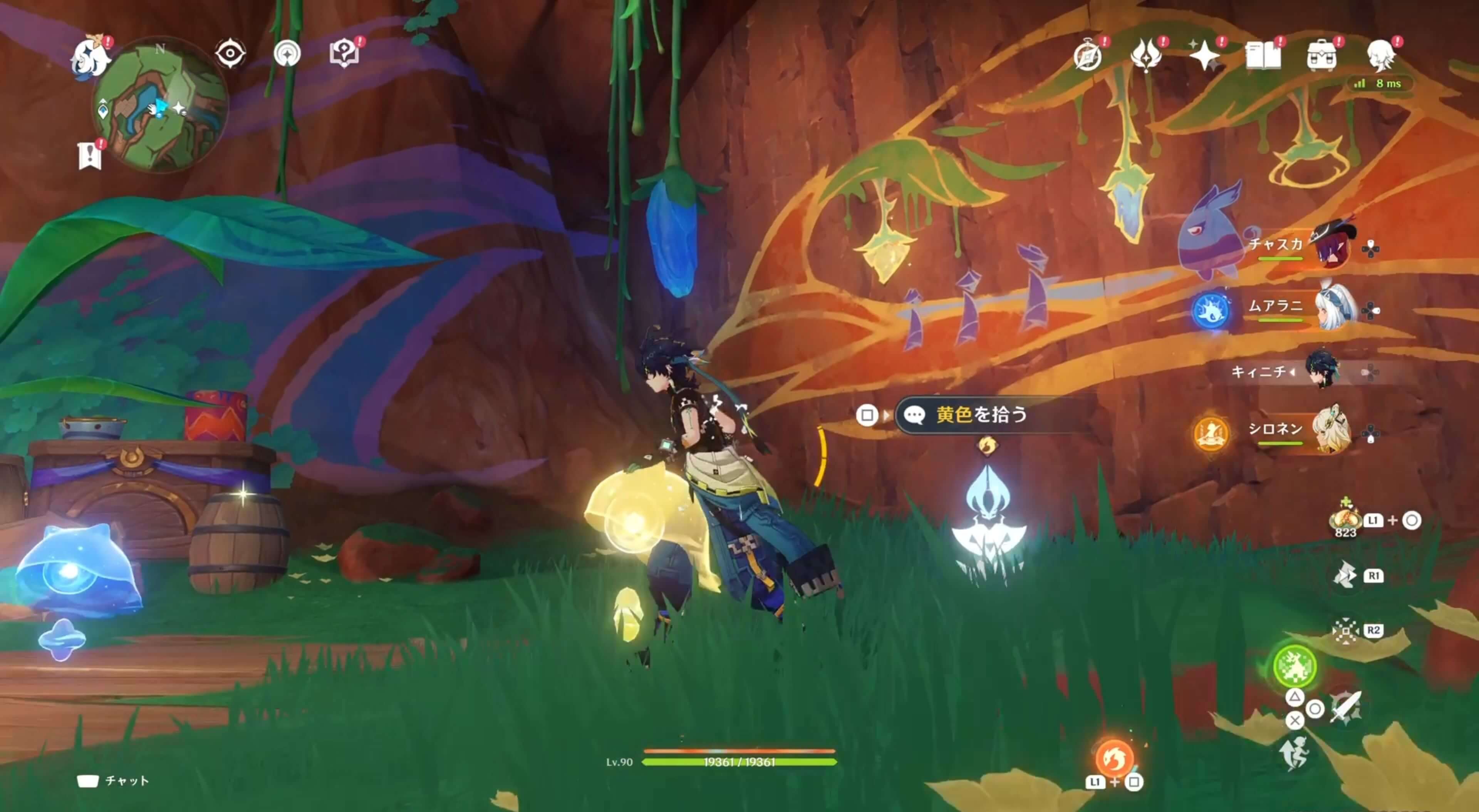 壁画の左側に黄色を塗る