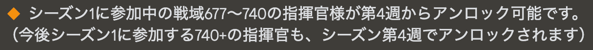 シーズンⅠ期間中の戦域677~740で第4週に先行実装される