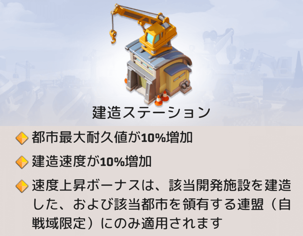 開発施設のバフで各種資源の生産量や建造速度などが上昇する