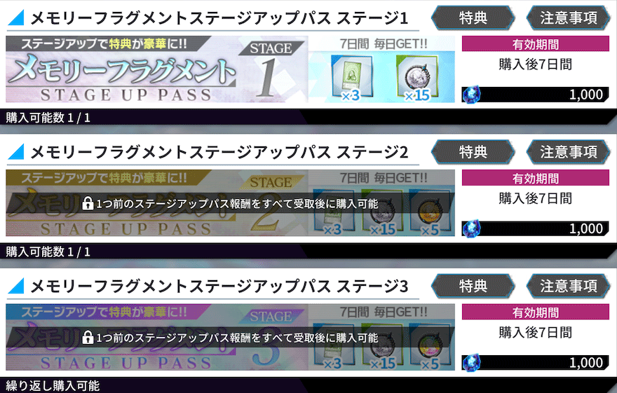 メモリーフラグメントステージアップパス