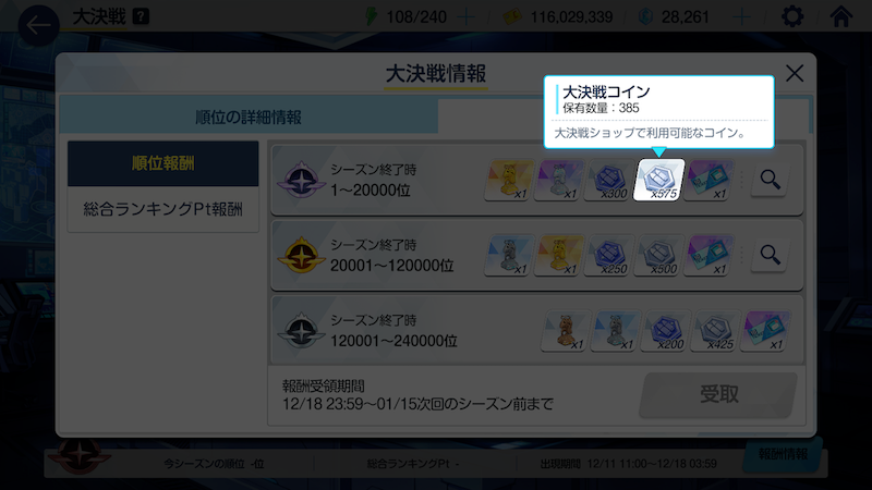 最終順位報酬でも大決戦コインを入手可能