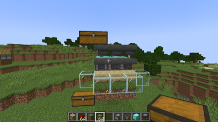 ホッパーの上にチェストを設置してガラス瓶をいれる