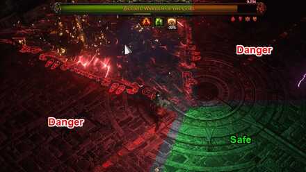 赤い三角形の頂点の前にとどまる