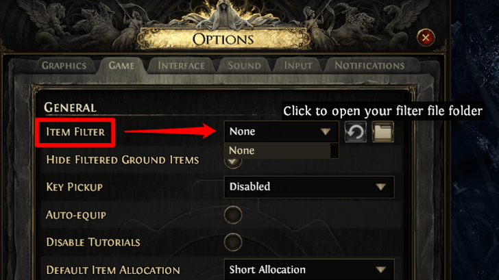 ゲームオプションでアイテムフィルターを選択