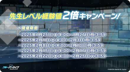 先生レベル経験値2倍キャンペーン