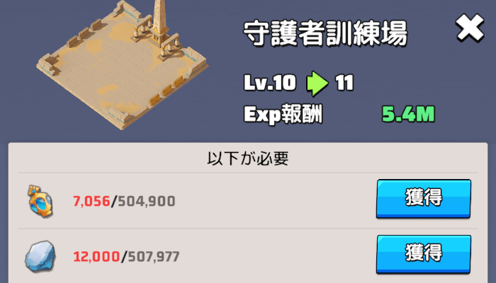 守護者訓練場Lv.10以降のレベルアップ