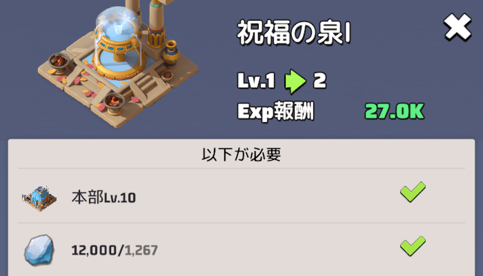 祝福の泉のレベルアップ