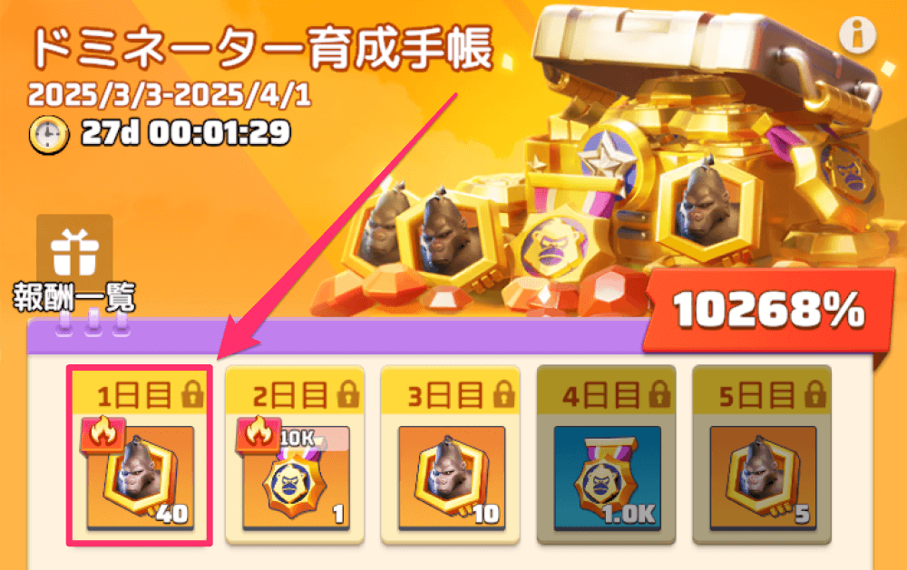 ドミネーターゴリラのランクアップに必要なかけらが手に入る