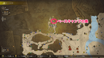 隔ての砂原の調査隊拠点のテントの場所
