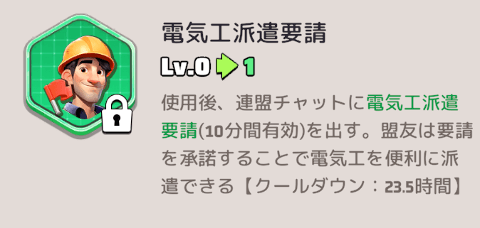 職業スキル【電気工派遣要請】で連盟員に派遣をお願いできる