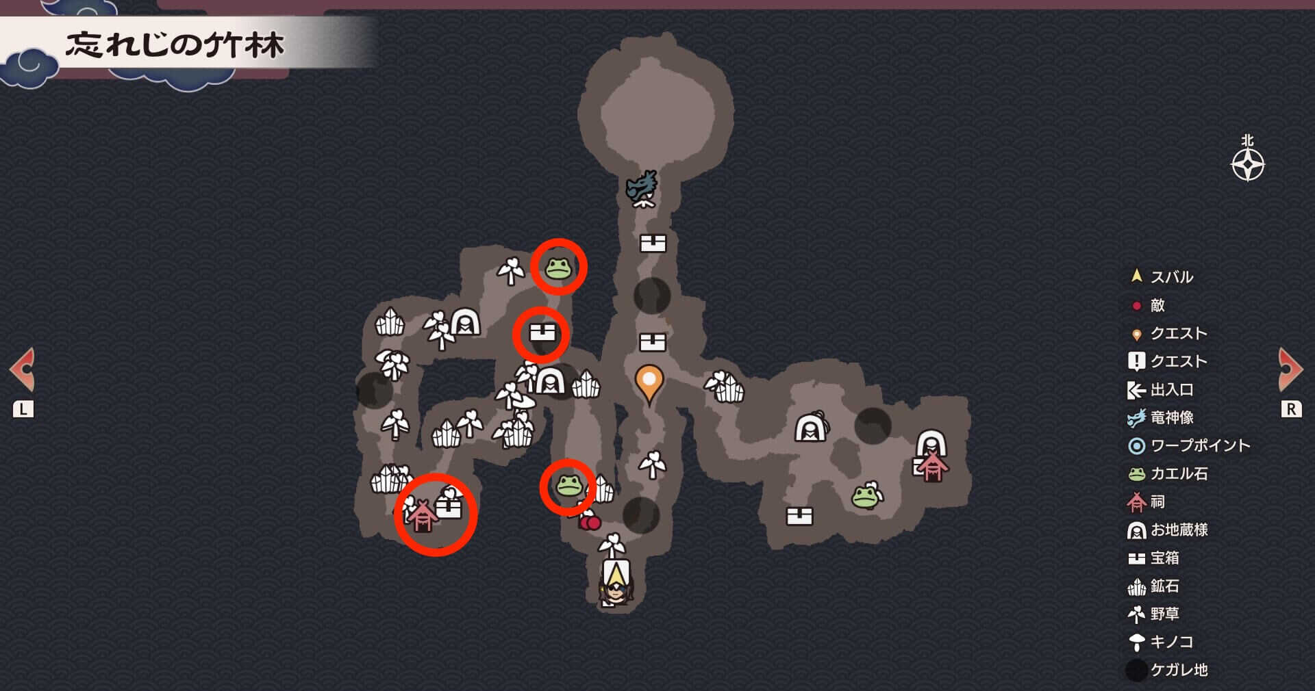 西側のカエル石・宝箱・祠