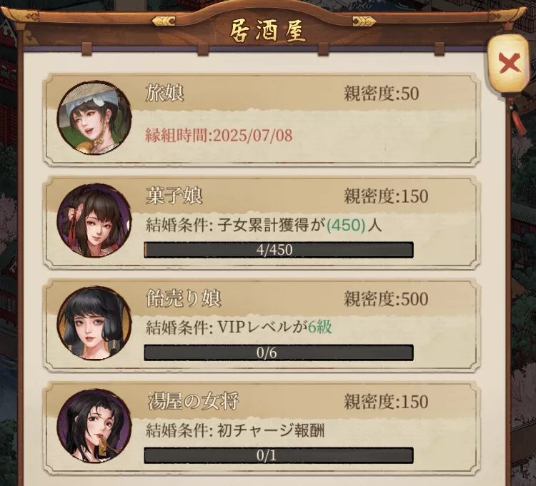 新しい別嬪を入手するための条件を確認できる
