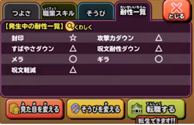 発生中の耐性一覧の画像