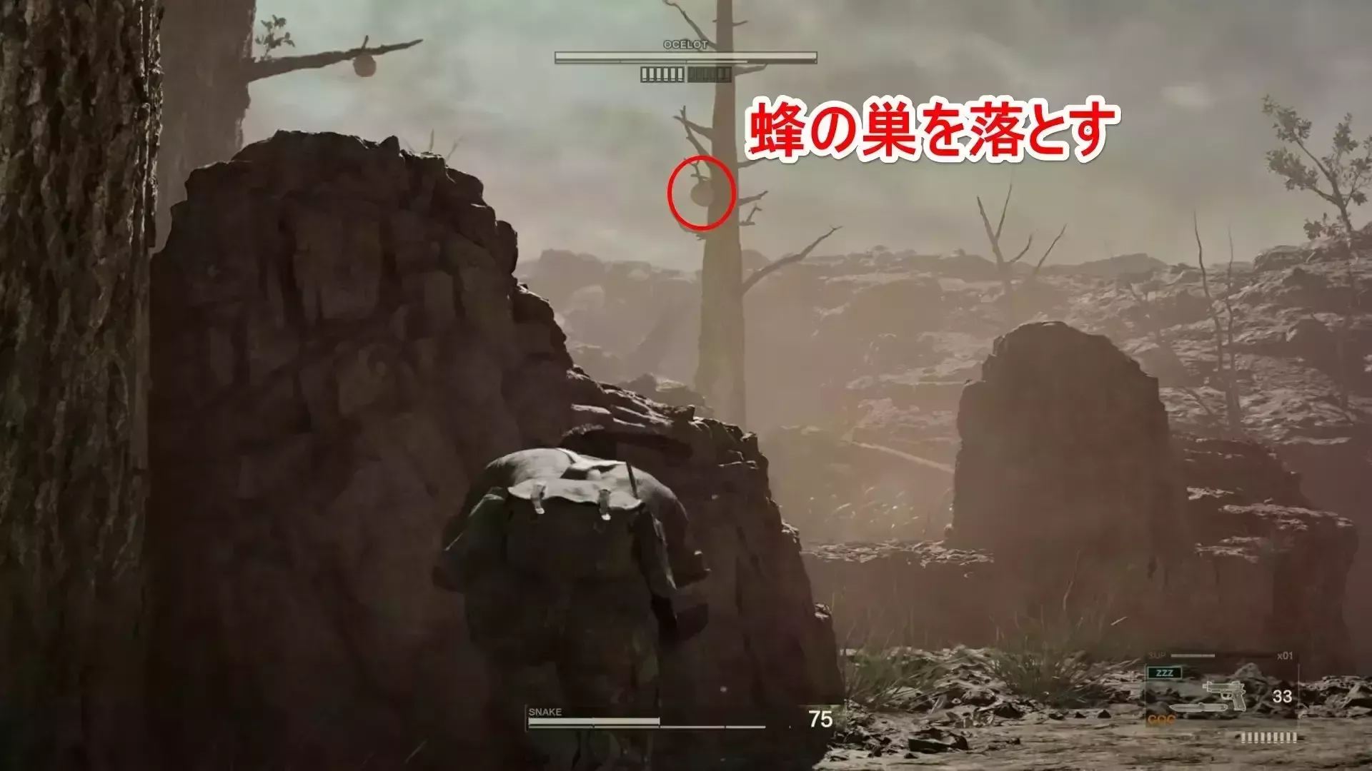 蜂の巣を落としてオセロットを出す