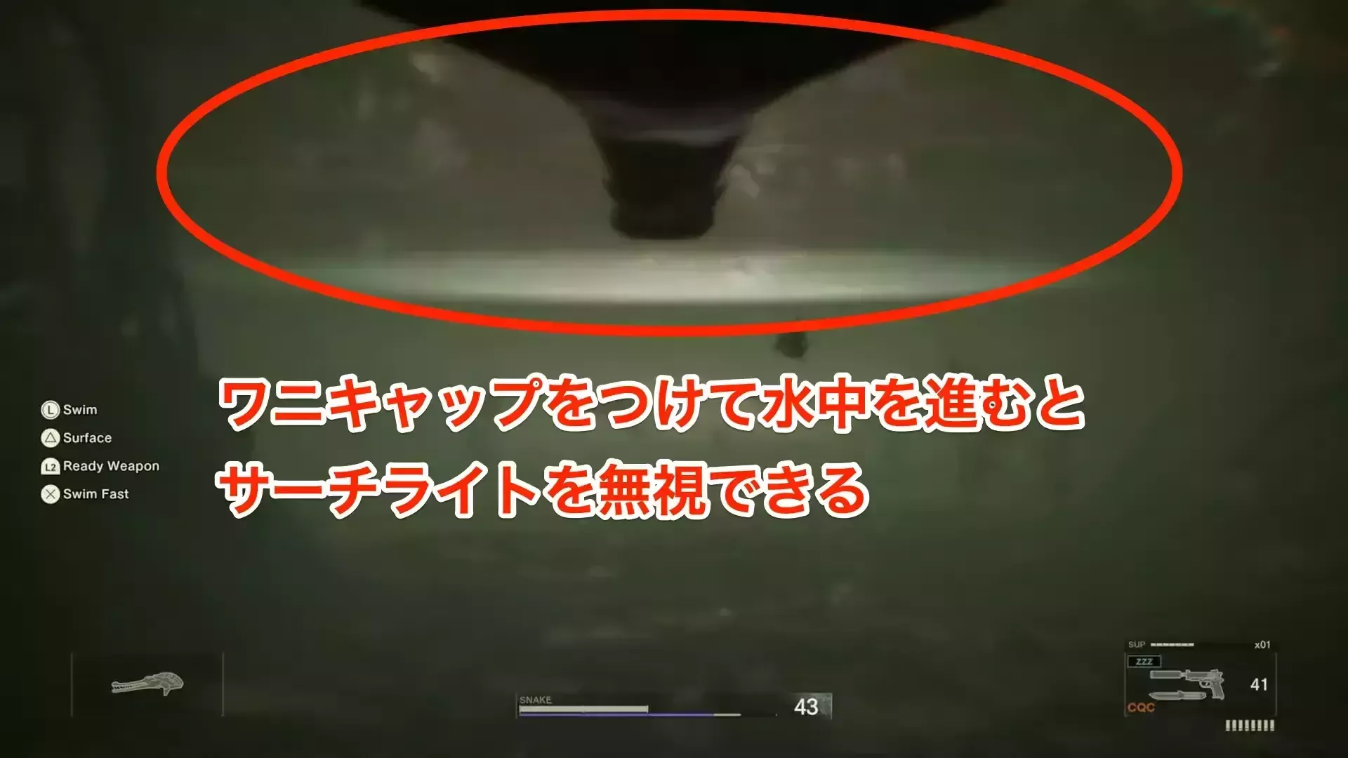 ワニキャップで水中を進む