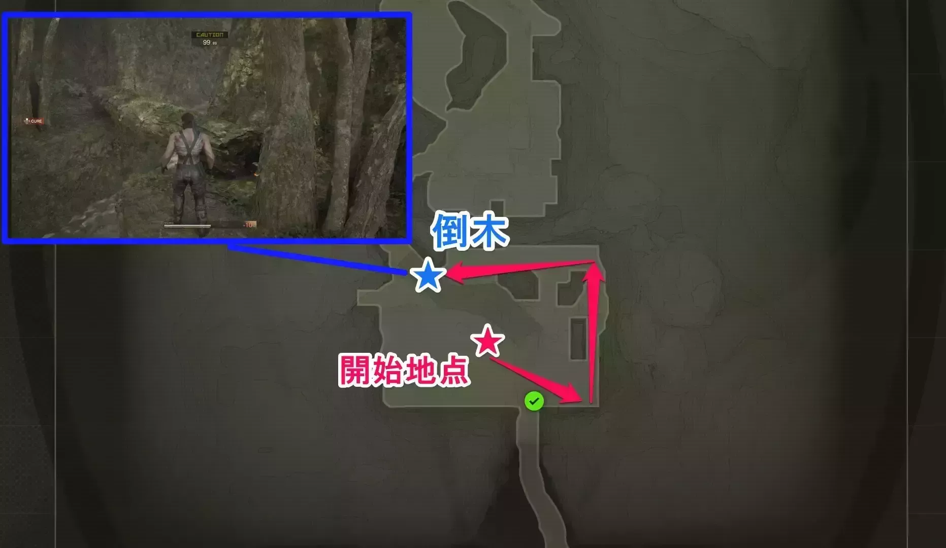 倒木を通って進む