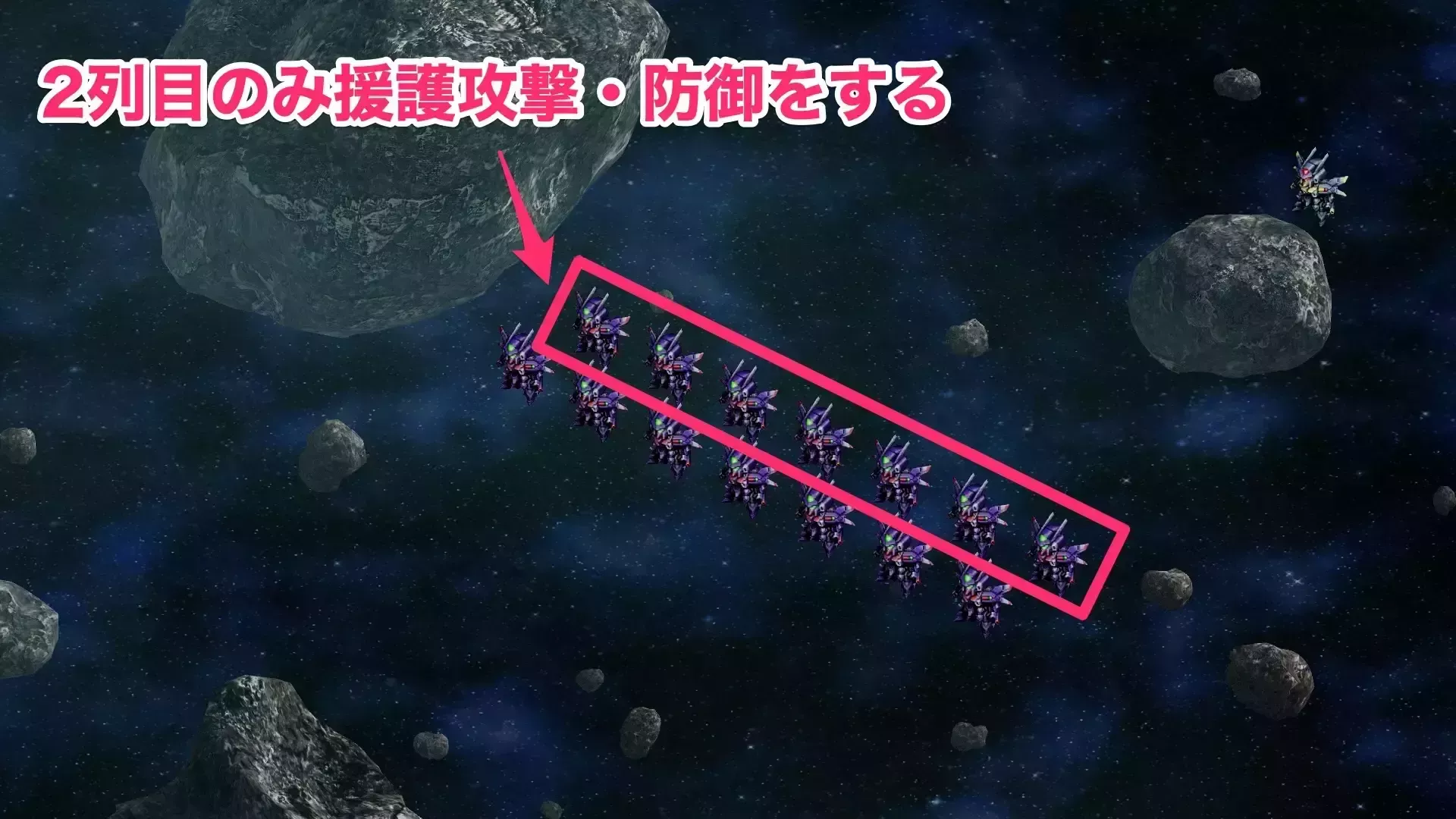 援護攻撃と援護防御をするのは2列の敵ユニットのみ