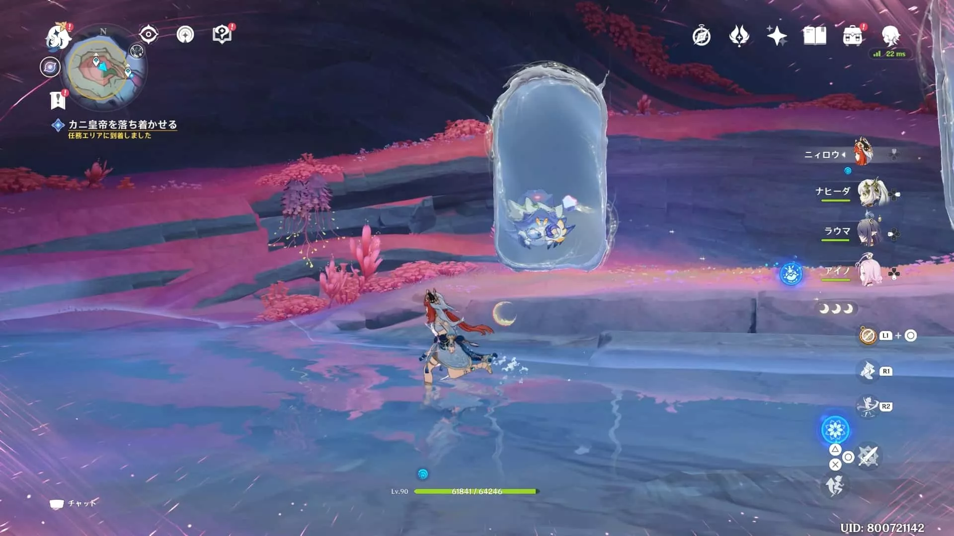 石を拾えたら鏡の中のカニに向かって飛ばす