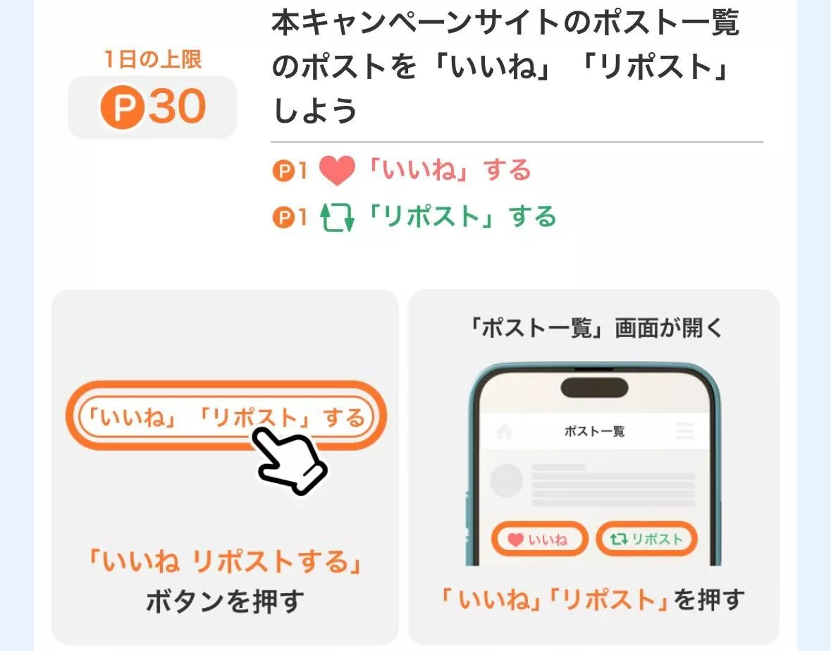 基本的にはいいねかリポストをしてポイントを貯める