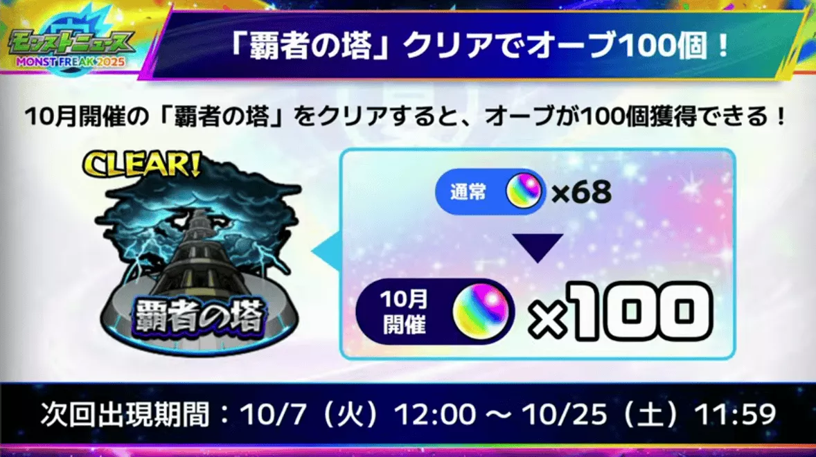 「覇者の塔」クリアでオーブ100個獲得