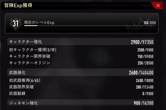 キャラクターや武器などを入手・強化するとEXPが入手できる
