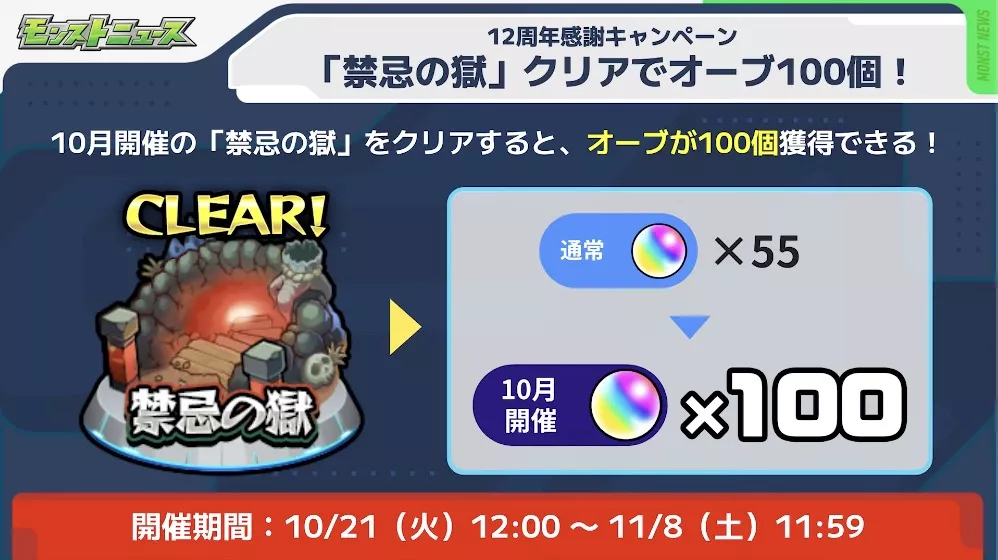 禁忌の獄クリアでオーブ100個