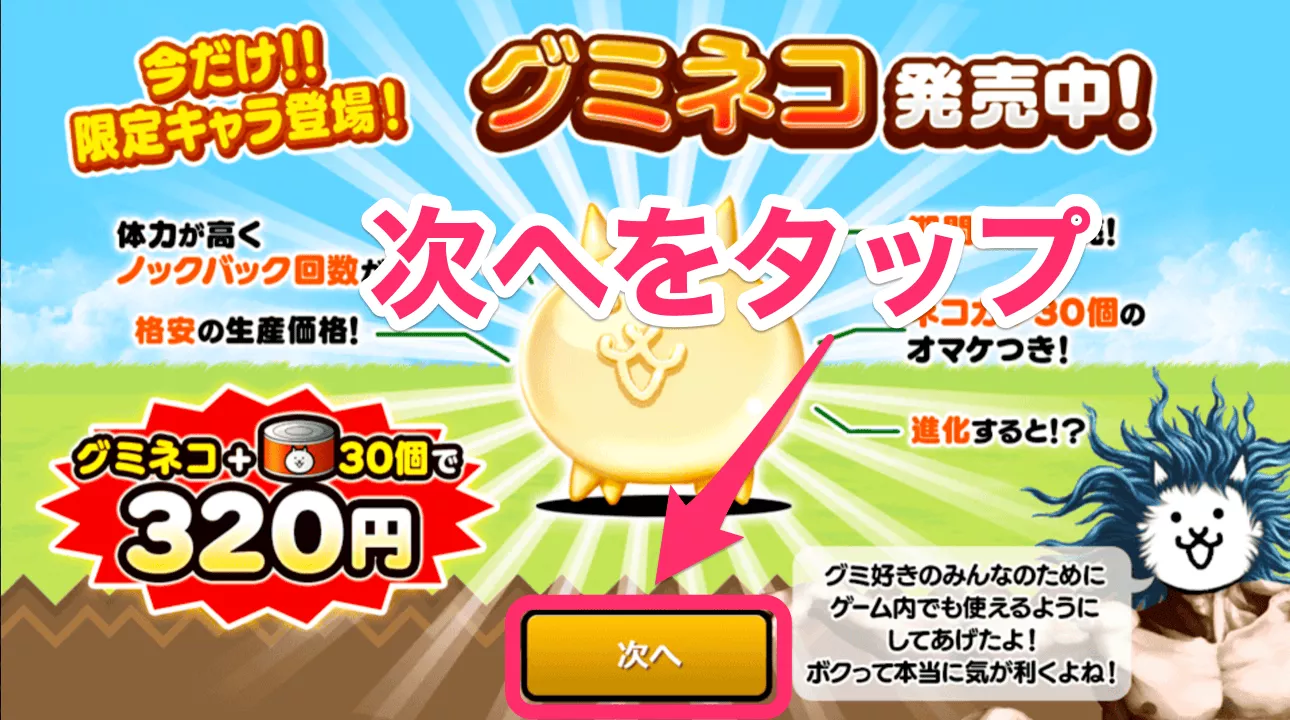 グミネコ手順2_次へをタップ