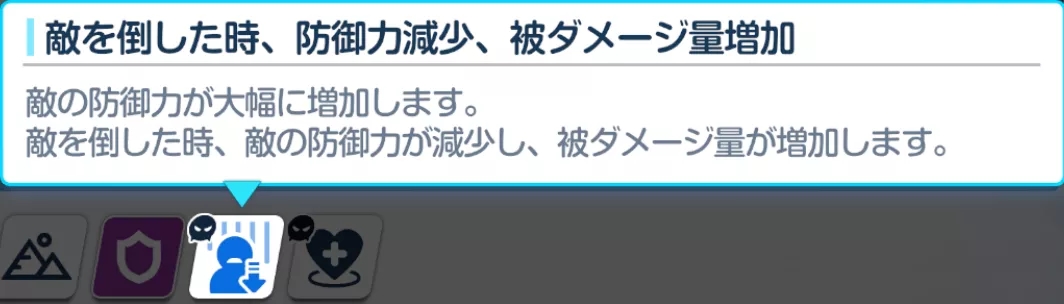 敵を倒した時、防御力減少、被ダメージ量増加