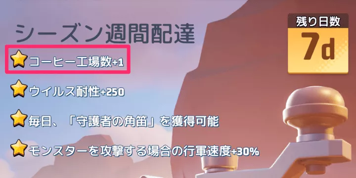 シーズンⅤ週間配達の購入で石英工房の建造数+1