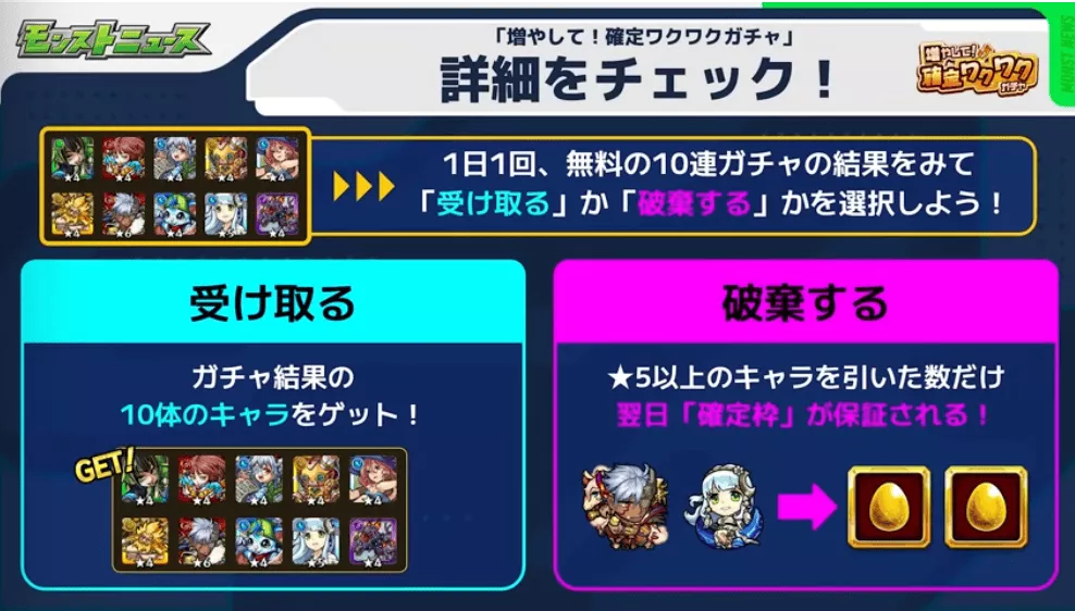 増やして確定ワクワクガチャで受け取るか破棄するかを選択