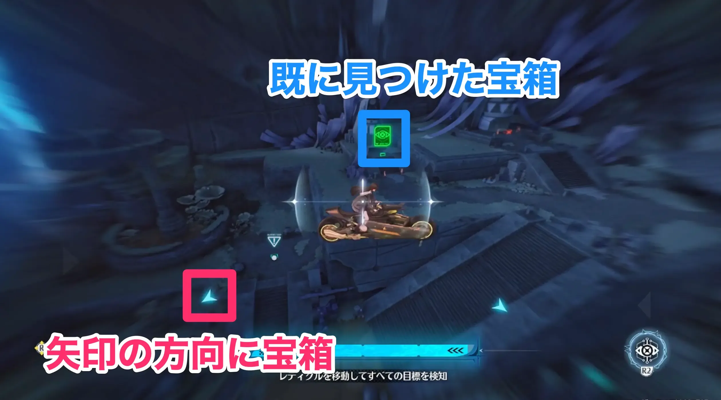 矢印で宝箱の位置を確認できる