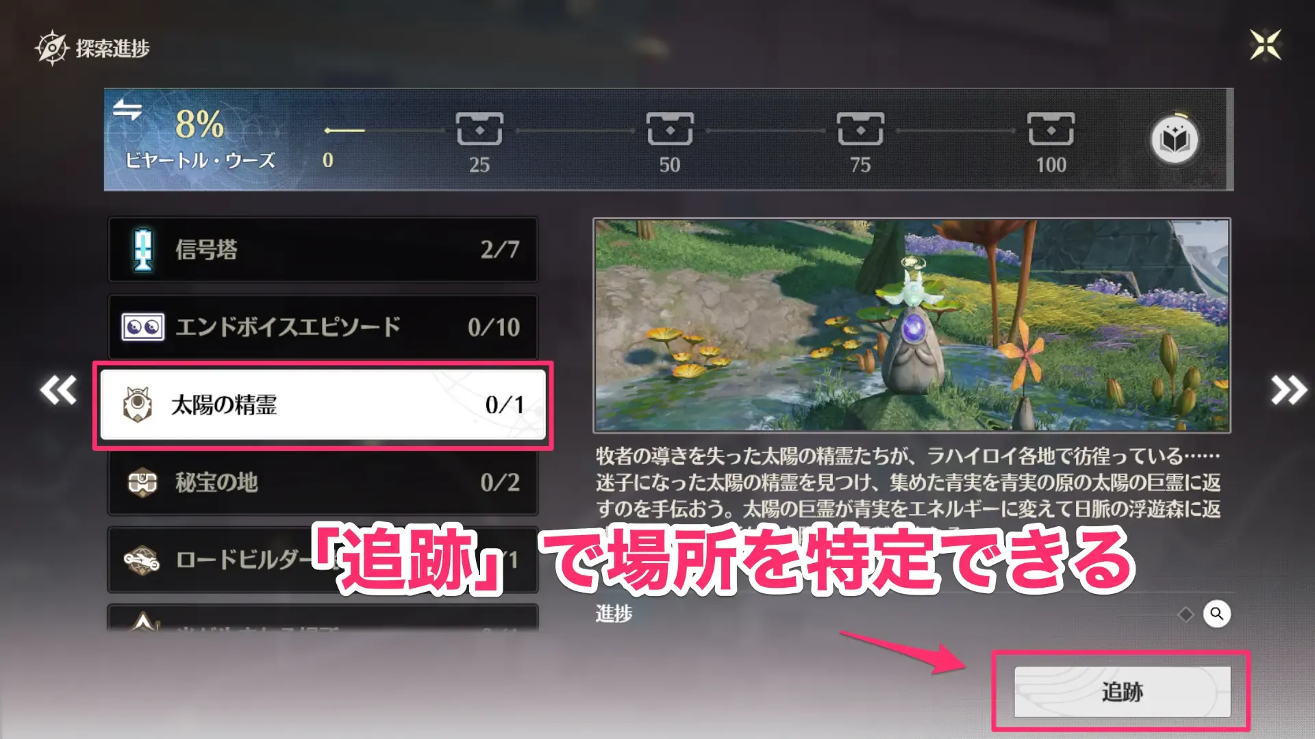 探索進捗から太陽の精霊の位置を追跡できる