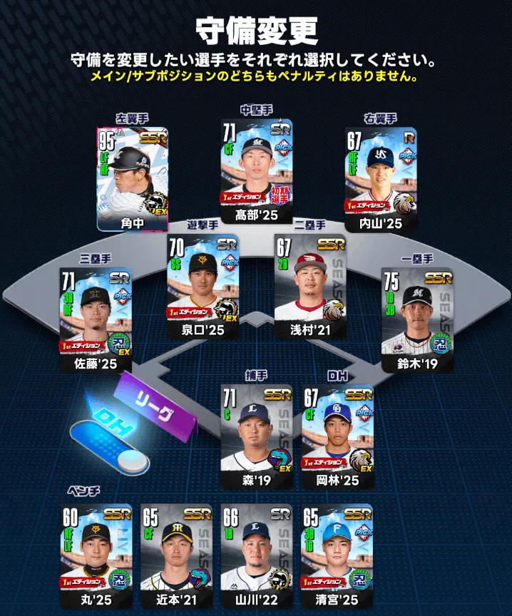 守備位置の変更画面