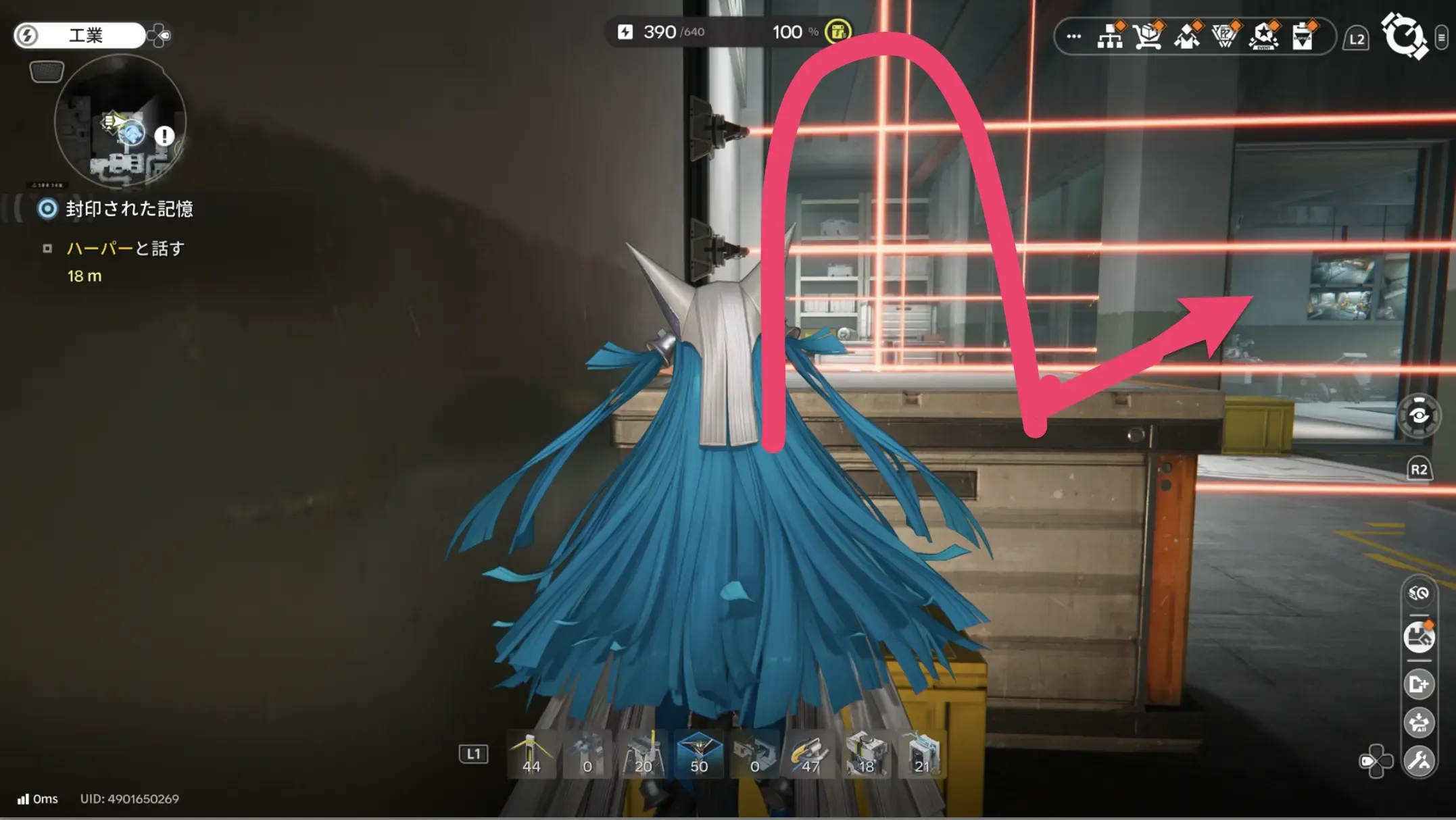 左奥の箱の上からジャンプしてレーザーを避けて進む