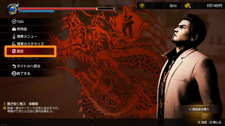 オプション画面から設定を選択